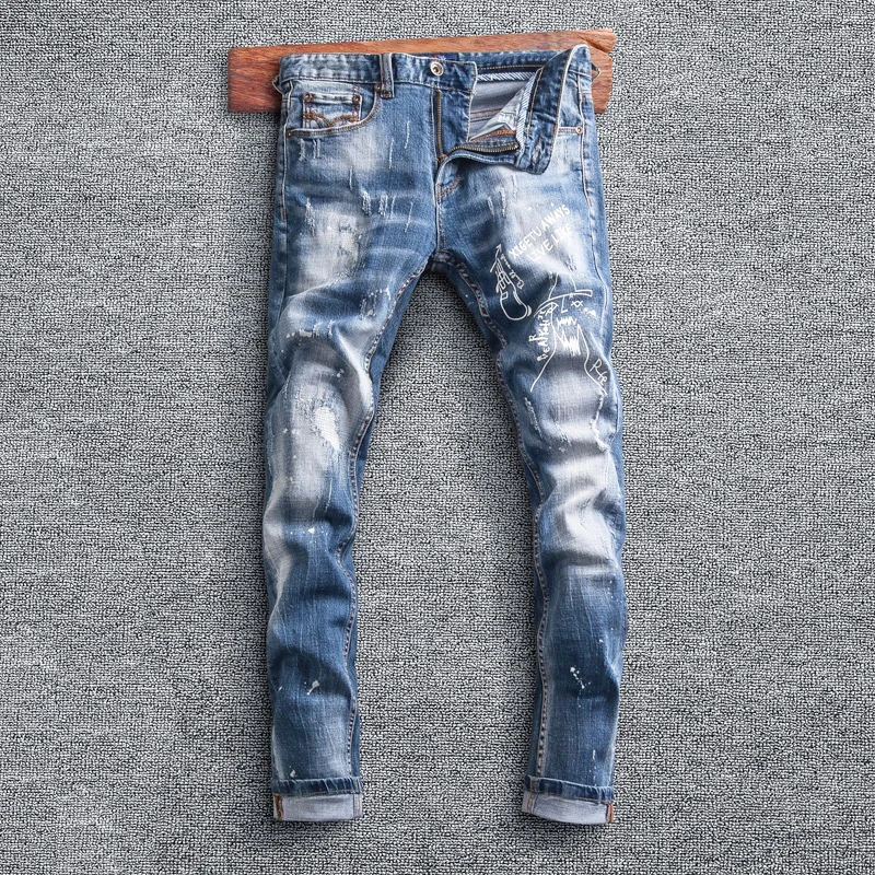 Street Style Fashion Men Jeans Retro Light Blue Elastic Slim Fit Ripped Jeans Men Printed Designer Hip Hop Denim Punk Pants
Street Style Fashion Men Jeans Retro Light Blue Elastic Slim Fit Ripped Jeans Men Printed Designer Hip Hop Denim Punk Pants