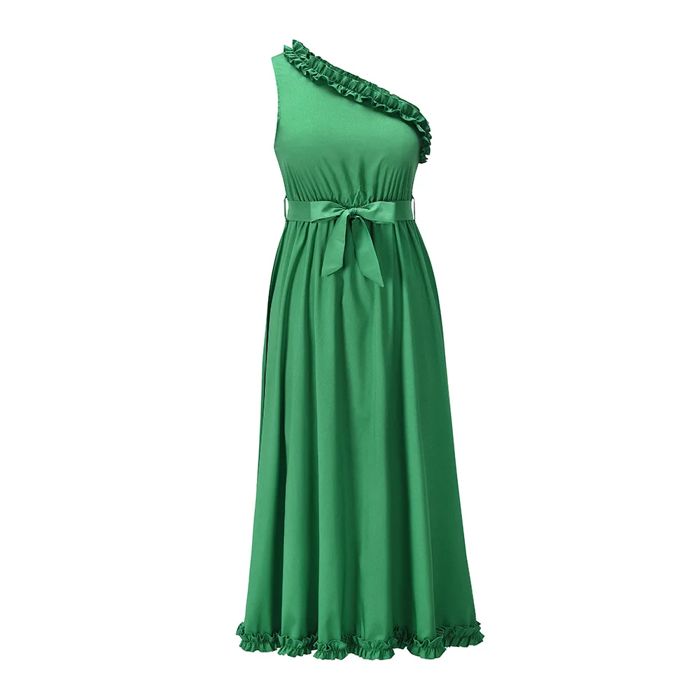 2021 spring and summer lotus leaf lace one-shoulder belt slim dress new style European and American women's dress 
2021 spring and summer lotus leaf lace one-shoulder belt slim dress new style European and American women's dress
