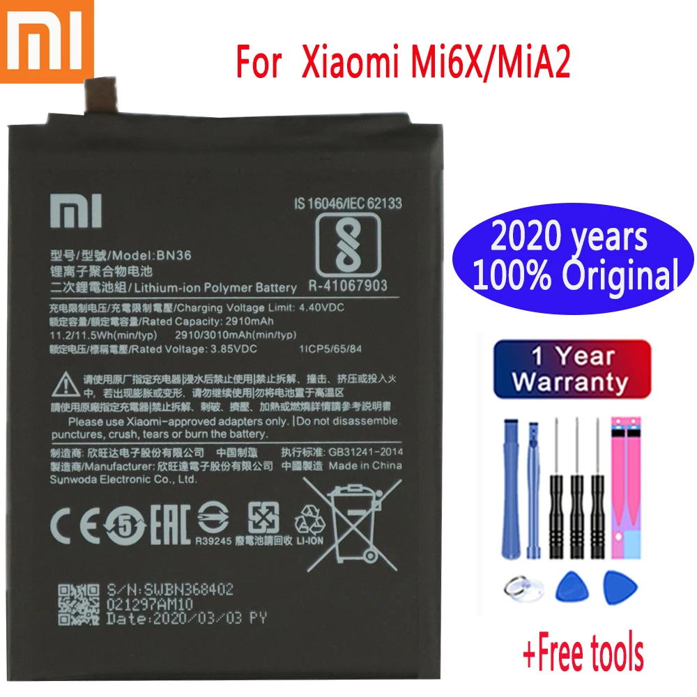 2020 years 100% NewXiaomi Original Phone Replacement Battery BN36 2910mAh for Xiaomi Mi 6X / Mi A2 Batteries with free tools
2020 years 100% NewXiaomi Original Phone Replacement Battery BN36 2910mAh for Xiaomi Mi 6X / Mi A2 Batteries with free tools