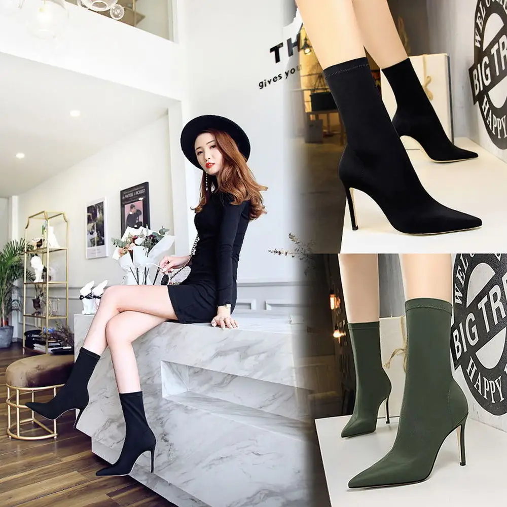 Leica Elastic Sexy Boots Shoes Women Mid-calf Autumn Winter High Heels Boots Slim Thin Heel Pointed Fashion Women's Boots Black 
Leica Elastic Sexy Boots Shoes Women Mid-calf Autumn Winter High Heels Boots Slim Thin Heel Pointed Fashion Women's Boots Black