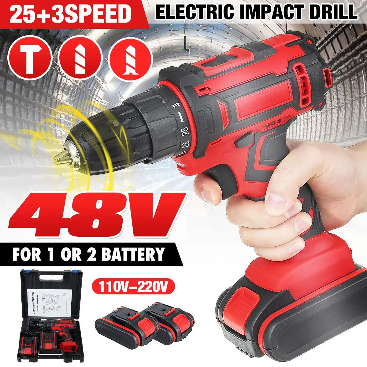48V 6000MAH 3 in 1 Cordless Impact Electric Drill Hammer Screwdriver 25+3 Turque Power Driver Tools Set with Box 2 x Battery
48V 6000MAH 3 in 1 Cordless Impact Electric Drill Hammer Screwdriver 25+3 Turque Power Driver Tools Set with Box 2 x Battery