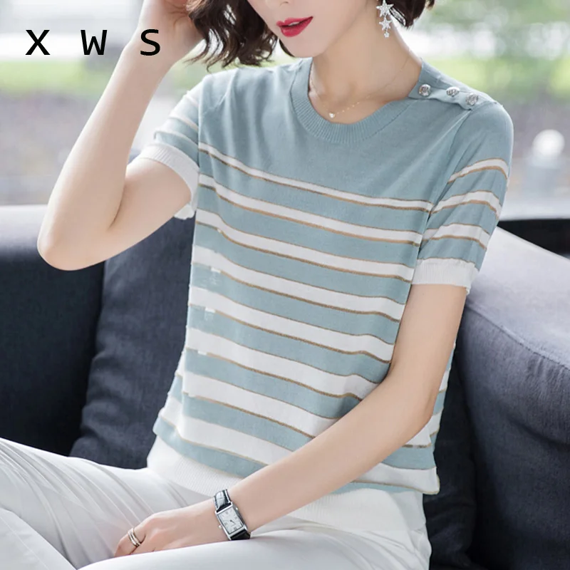 short sleeve pullovers Women knit sweaters striped basic Ladies sweaters loose thin tricot 2020 summer Korean Knit jumper Tops
short sleeve pullovers Women knit sweaters striped basic Ladies sweaters loose thin tricot 2020 summer Korean Knit jumper Tops