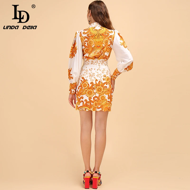 LD LINDA DELLA Runway Fashion Autumn Vintage Suit Women's Puff Sleeve Printed Shirt And High Waist Mini Skirt Two Pieces Set | Женская