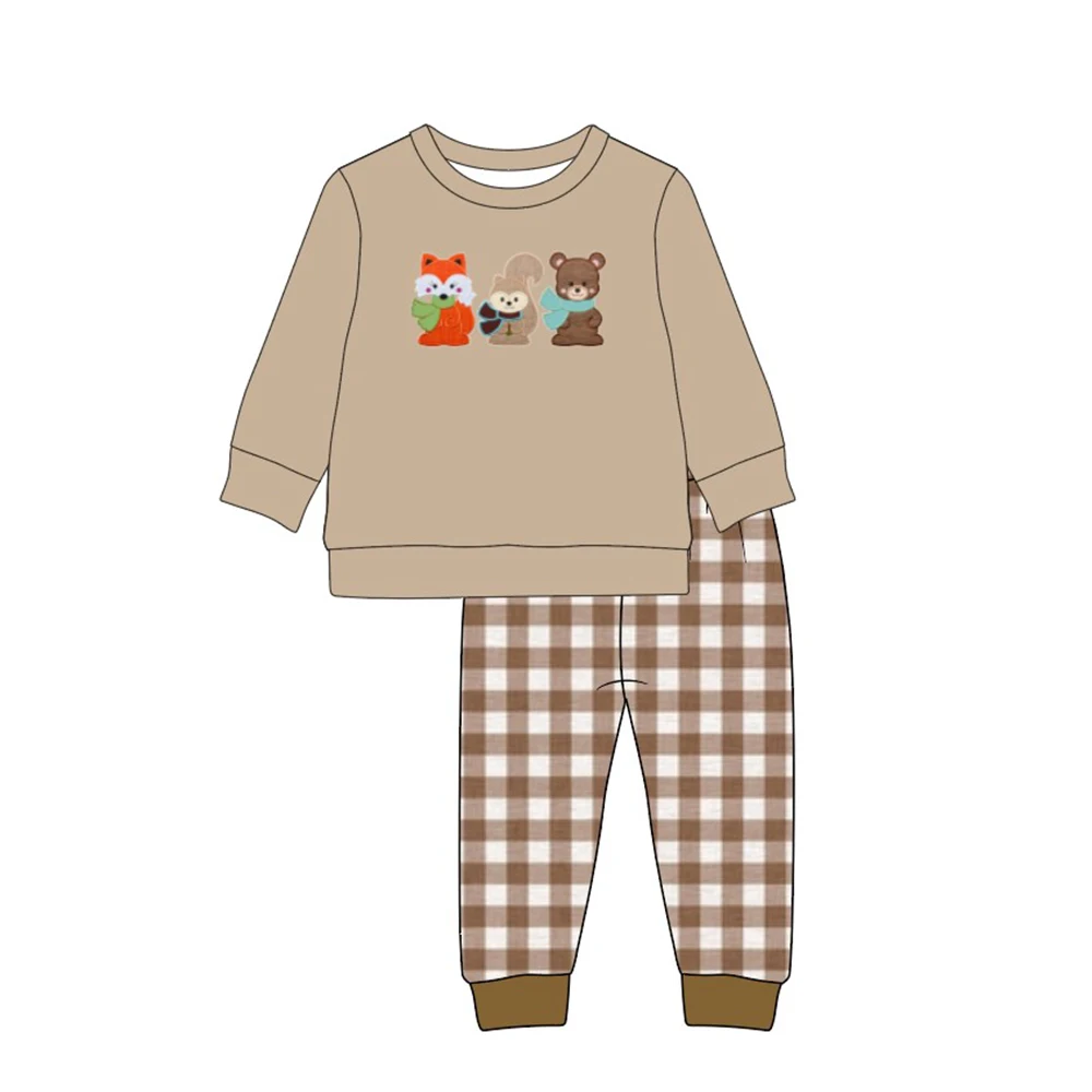 Autumn Clothes Brown Long Sleeve Top And Brown Plaid Trousers Fox Squirrel And Bear Embroidery Pattern Boys Clothes
Autumn Clothes Brown Long Sleeve Top And Brown Plaid Trousers Fox Squirrel And Bear Embroidery Pattern Boys Clothes
