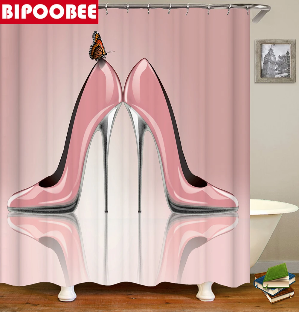 В виде красных губ Ванная комната Шторы комплект с надписью розовый туфли на