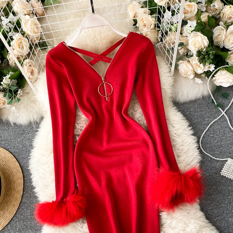 Women Fur Patchwork Sweater Dresses Fashion Y2K Hollow Out Long Sleeve Office Lady Knitted OL Dress Backless Vestidos D176 
Women Fur Patchwork Sweater Dresses Fashion Y2K Hollow Out Long Sleeve Office Lady Knitted OL Dress Backless Vestidos D176