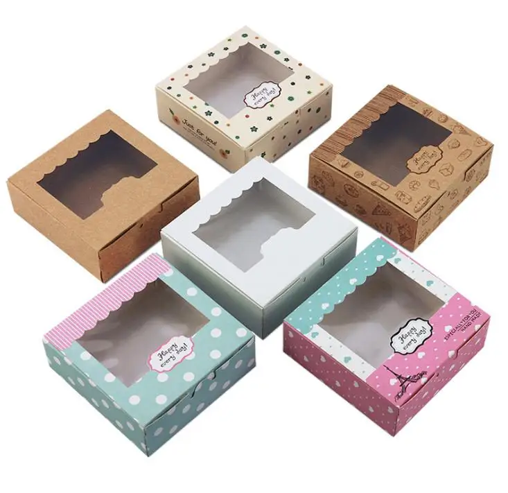 

200pcs Cookies Box and Packaging Paper Cardboard Kraft Cake Box with Clear PVC Window Baking Food Carton Gift Packing Box