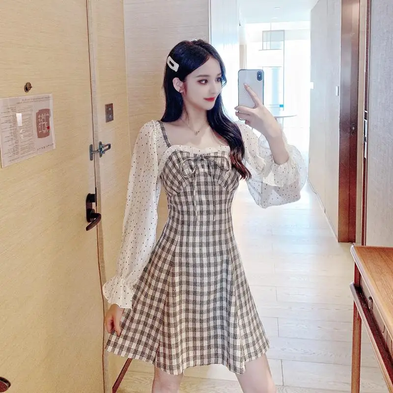 Will fall with han edition sweet temperament of grid long-sleeved dress show thin waist receive A word base skirt
Will fall with han edition sweet temperament of grid long-sleeved dress show thin waist receive A word base skirt
