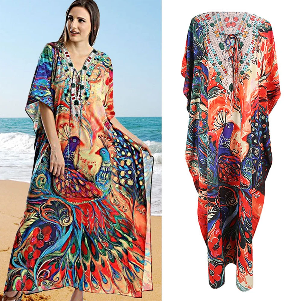 2020 Sexy Peacock Print Beach Dress Women Robe Kaftan Bohemian Tunic For Beach Bikini Cover Up Women Beach Wear
2020 Sexy Peacock Print Beach Dress Women Robe Kaftan Bohemian Tunic For Beach Bikini Cover Up Women Beach Wear