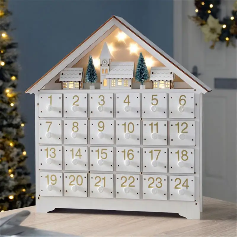 

Деревянный календарь с рождественскими мотивами, светодиодный подсветкой, деревенский дом, Дед Мороз, обратный отсчет, украшение с ящиками,...