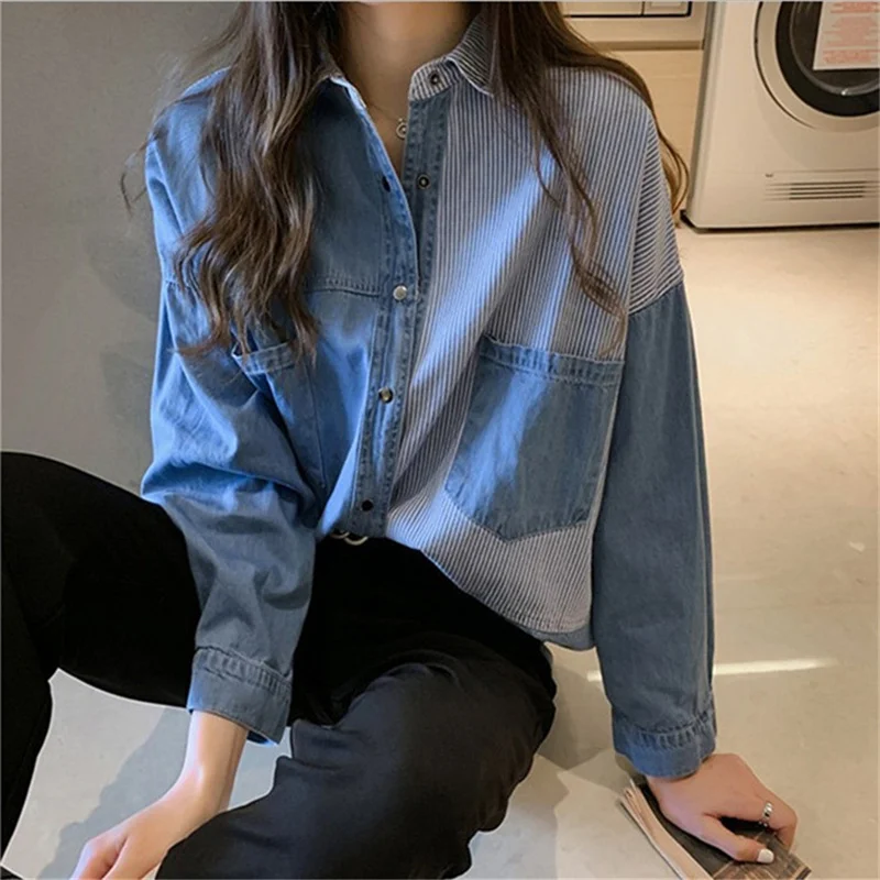 Women Turn Down Collar striped Patchwork Blue Blouse Denim Clothing Shirts haut Chemise Femme Long SLeeve Loose Plus Size Tops
Women Turn Down Collar striped Patchwork Blue Blouse Denim Clothing Shirts haut Chemise Femme Long SLeeve Loose Plus Size Tops