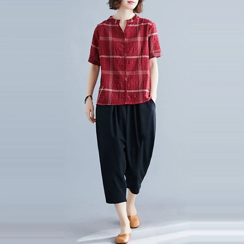 2021 Summer Loose Plaid Short-sleeve V-neck Top Cropped Harem Pants Casual Cotton and Linen Two-piece Suits Women Outfits Y740
2021 Summer Loose Plaid Short-sleeve V-neck Top Cropped Harem Pants Casual Cotton and Linen Two-piece Suits Women Outfits Y740
