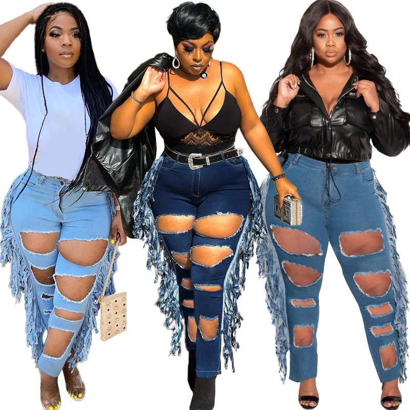 European and American Women's Jeans Middle Waist Hole Tassel Trend Large Women's Elastic Jeans High Waisted Jeans
European and American Women's Jeans Middle Waist Hole Tassel Trend Large Women's Elastic Jeans High Waisted Jeans