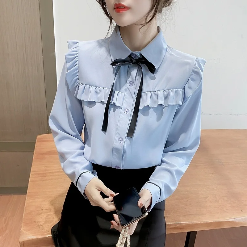 Женская рубашка с длинным рукавом, оборками и бантом на шнуровке 
Женская рубашка с длинным рукавом, оборками и бантом на шнуровке