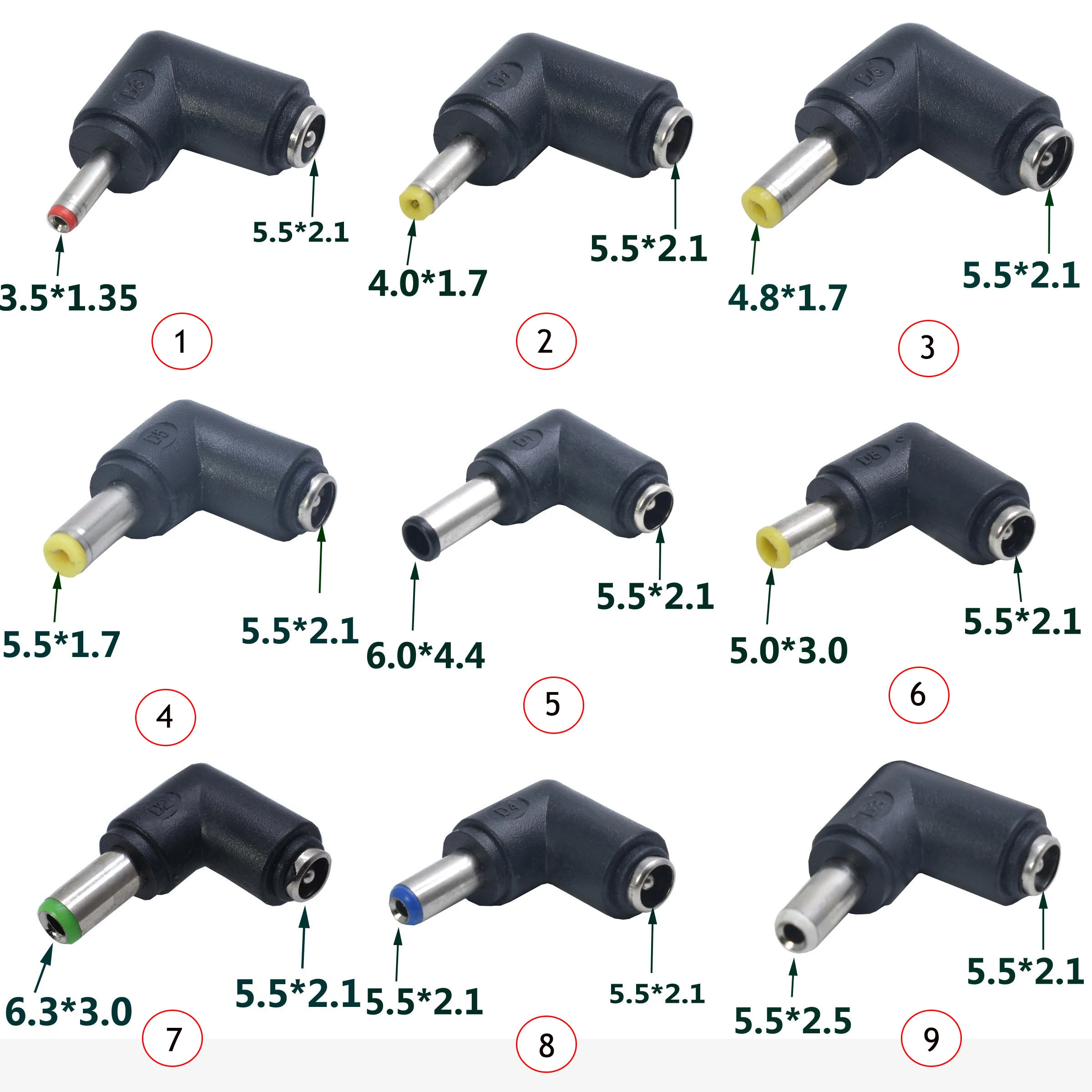 DC Connector 5.5 x 2.1MM Female Power Adapter to 3.0×1.35,5.0*3.0,4.0×1.7, 5.5×2.1,5.5×2.5,6.3×3.0,6.0×4.4MM Male 90 Degree 
DC Connector 5.5 x 2.1MM Female Power Adapter to 3.0×1.35,5.0*3.0,4.0×1.7, 5.5×2.1,5.5×2.5,6.3×3.0,6.0×4.4MM Male 90 Degree