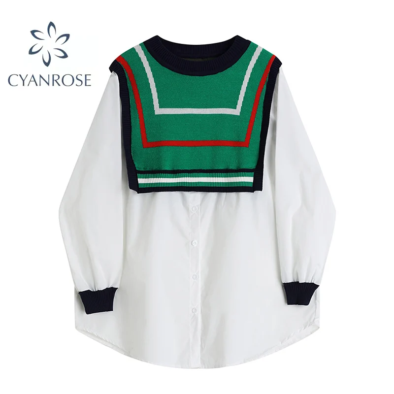 Korean Women Chic Chiffon Blouse Knitted Splicing Fake Two Long Sleeve O-Neck Vintage Oversized Casual Fashion Tops Autumn 2021
Korean Women Chic Chiffon Blouse Knitted Splicing Fake Two Long Sleeve O-Neck Vintage Oversized Casual Fashion Tops Autumn 2021
