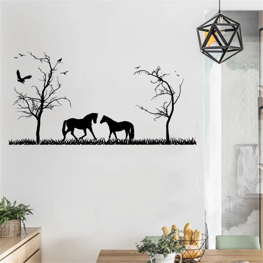 

Horses Trees And Grass Forest Wall Sticker Vinyl Home Decor Living Room Bedroom Sofa Headboard Decals Removable Murals