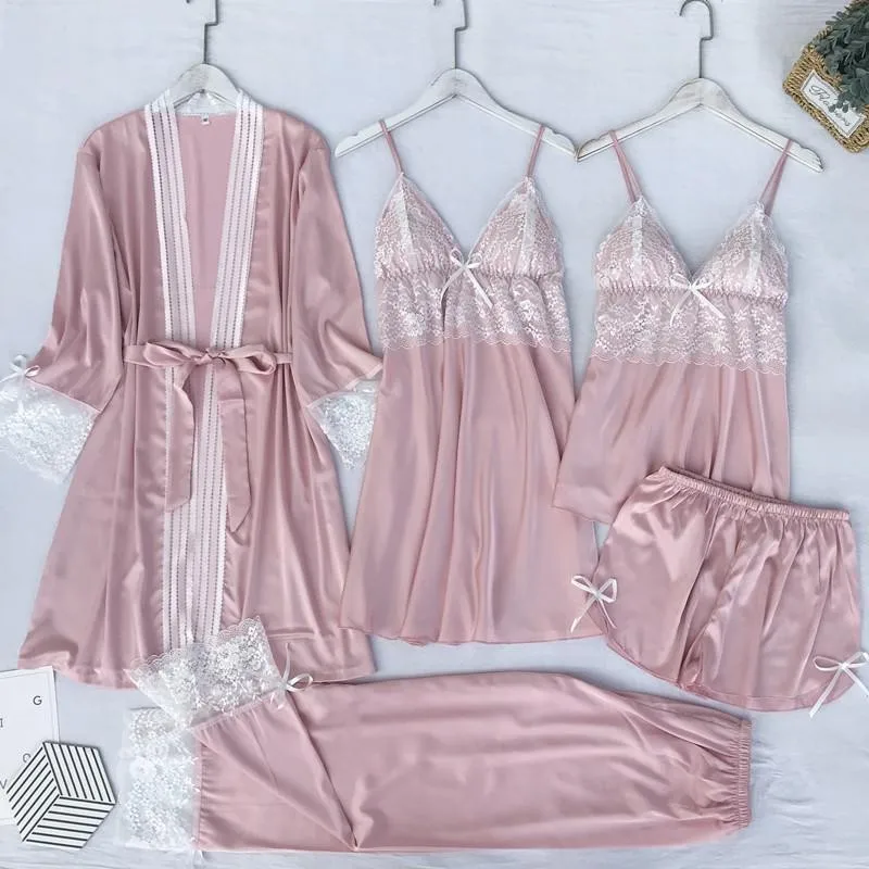 5 Pieces Sets Women Outfits Pajamas Satin Sleepwear With Trousers Sexy Lace Trim Loungewear Summer Pyjamas Kimono Robe Gown
5 Pieces Sets Women Outfits Pajamas Satin Sleepwear With Trousers Sexy Lace Trim Loungewear Summer Pyjamas Kimono Robe Gown