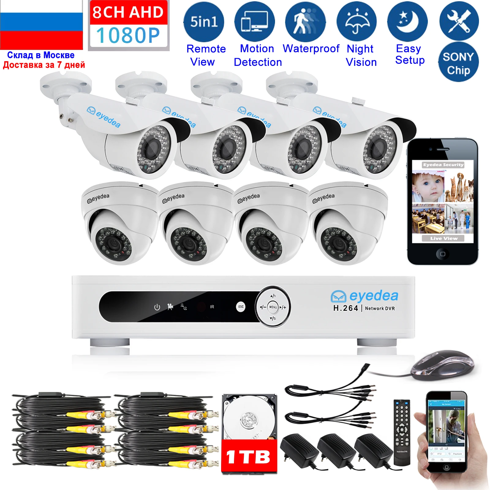 Видеорегистратор российский 5500TVL 8 каналов HDMI 1080P МП Обнаружение движения SONY чип