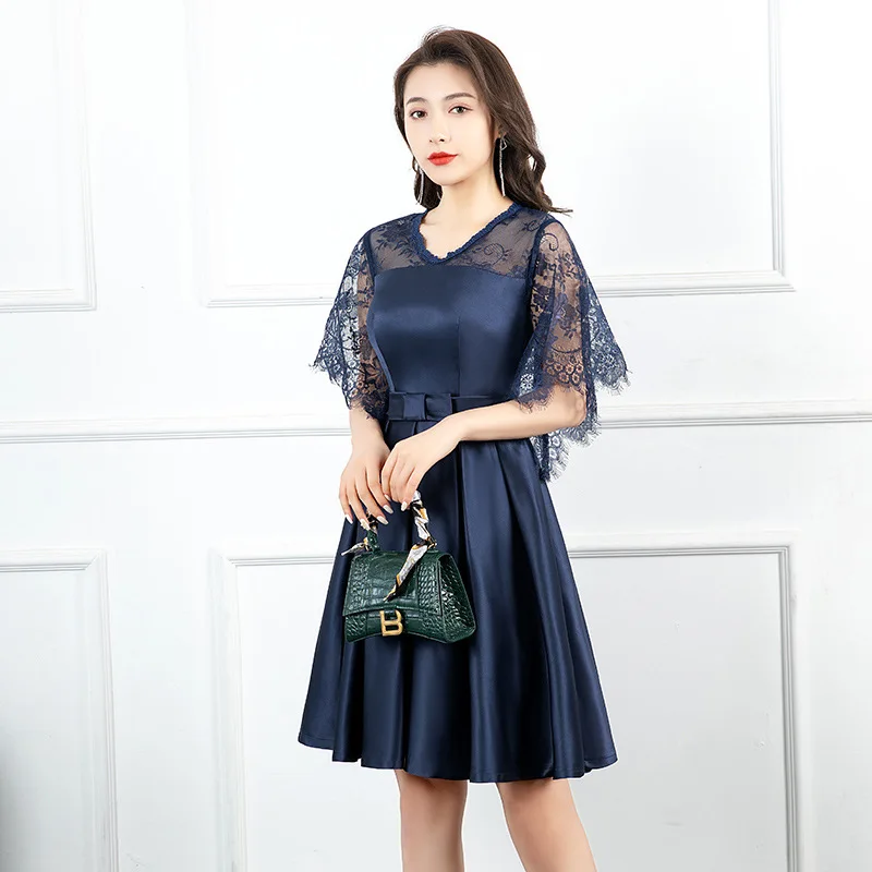 Women Navy Blue Evening Satin Dress Sexy V-Neck Flare Sleeve Pleated Dresses Elegant Mid-Length Skirt Wedding Prom Gown Vestidos 
Women Navy Blue Evening Satin Dress Sexy V-Neck Flare Sleeve Pleated Dresses Elegant Mid-Length Skirt Wedding Prom Gown Vestidos
