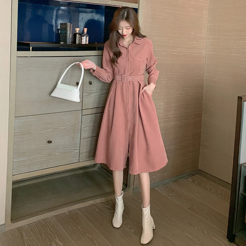Autumn outfit corduroy long-sleeved dress female new winter French accept waist show thin temperament characteristics of | Женская