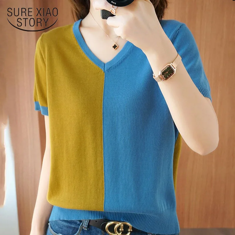 2021 Summer Korean Casual Loose V-neck Shirts for Women Cotton Thin Knitted Short Sleeve Women Blouse Pullover Ladies Tops 9437 
2021 Summer Korean Casual Loose V-neck Shirts for Women Cotton Thin Knitted Short Sleeve Women Blouse Pullover Ladies Tops 9437