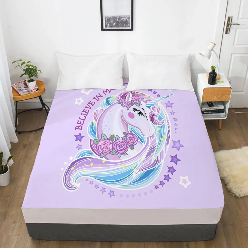 

3D Bed Sheets On Elastic Band Bed,1 PCS Fitted Sheet 160x200/200X200,Mattress Cover.Bedsheet Bedding,Bed Linen Purple Unicorn