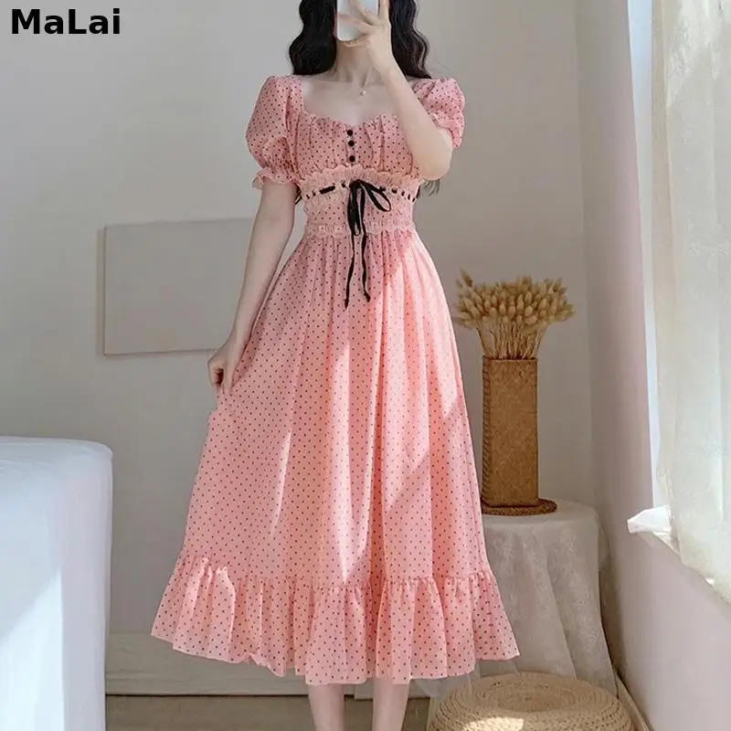 2021 Summer Short Sleeve Beach Dress Korean Chic Women Elegant Vintage Dot Midi Dress Female Square Collar Party One Piece Dress
2021 Summer Short Sleeve Beach Dress Korean Chic Women Elegant Vintage Dot Midi Dress Female Square Collar Party One Piece Dress