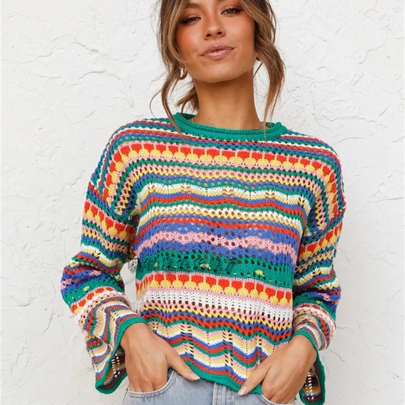 Rainbow Sweater Autumn Winter Women Casual Round Neck Long Sleeve Loose Pullovers Lady Fashion Patchwork Knitted Striped Sweater
Rainbow Sweater Autumn Winter Women Casual Round Neck Long Sleeve Loose Pullovers Lady Fashion Patchwork Knitted Striped Sweater