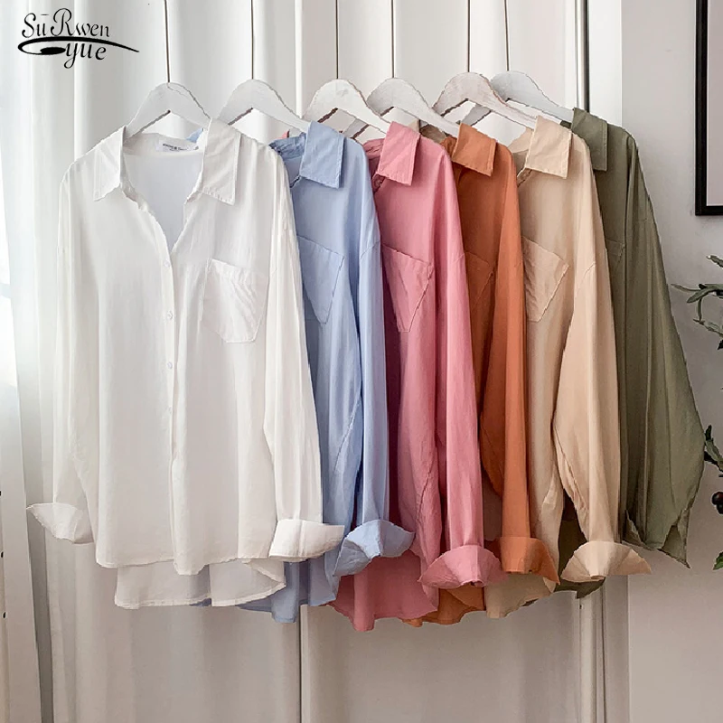 Женская хлопковая блузка с отложным воротником, длинным рукавом и пуговицами 
Женская хлопковая блузка с отложным воротником, длинным рукавом и пуговицами