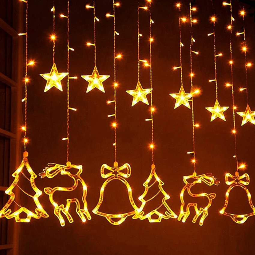 

Christmas Decoration Elk Bell Snowflake Star Moon LED String Light For Home Hanging Curtain Garland Christmas Tree Decor Navidad