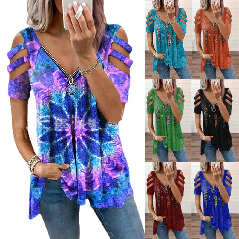 V Neck Zipper Short Sleeve Top Summer Sexy Women Printed Hollow Out T Shirt Fashion Loose Off Shoulder Casual Shirts
V Neck Zipper Short Sleeve Top Summer Sexy Women Printed Hollow Out T Shirt Fashion Loose Off Shoulder Casual Shirts