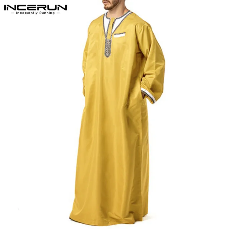 

INCERUN Men Muslim Clothes Jubba Thobe Long Sleeve Patchwork O Neck Loose Robes Middle East Islamic Arabic Kaftan Dubai Abaya