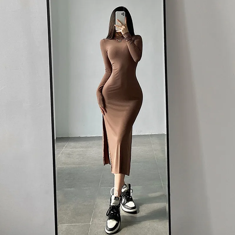 Autumn Elegant Dresses For Women O-Neck Tight Long Sleeve Knitted Maxi Dress Winter Brown Sexy Slit Bodycon Midi Dress Party
Autumn Elegant Dresses For Women O-Neck Tight Long Sleeve Knitted Maxi Dress Winter Brown Sexy Slit Bodycon Midi Dress Party
