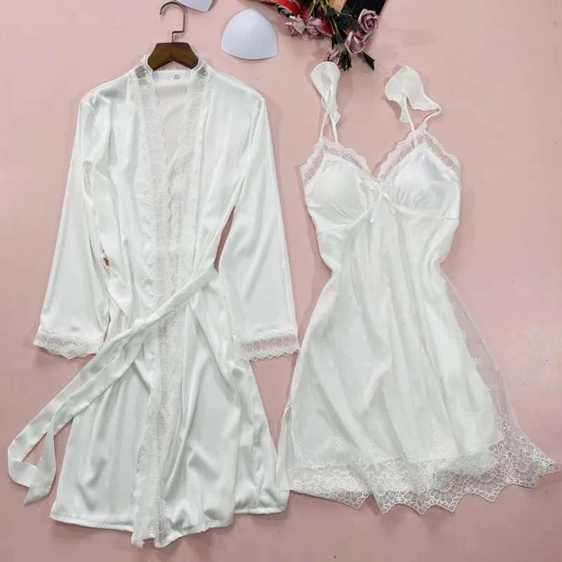 Women Spring Summer Kimono Robe Gown Set Sexy V-Neck Backless Nightgown Lounge Faux Silk Sleepwear Sweet Lace Trim Home Dress
Women Spring Summer Kimono Robe Gown Set Sexy V-Neck Backless Nightgown Lounge Faux Silk Sleepwear Sweet Lace Trim Home Dress
