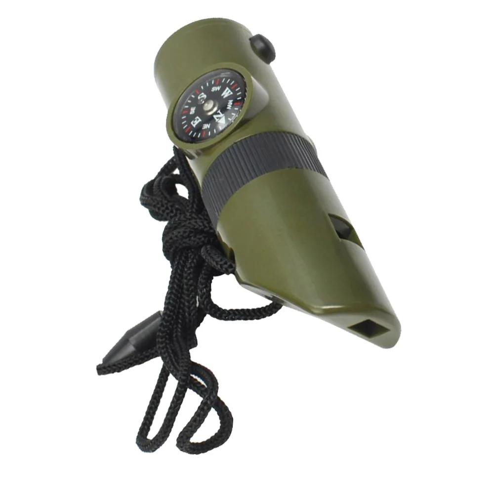 7 in 1 Multifunctional Portable Whistles Emergency Survival Whistles with Lanyard LED Light Compass Magnifier for Ou