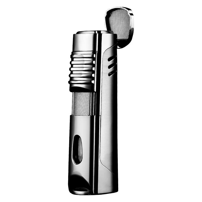 

Three Flame Straight Cigar Lighter Metal Windproof Comes With Cigar Cutter And Visual Air Chamber Men's Spray Gun Gadget