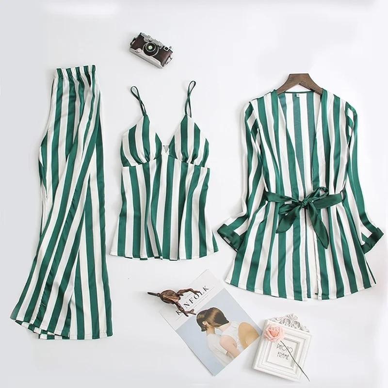 Spring Female Striped Satin Pyjamas Silk Pajamas for Women Sleepwear Three-piece set Sexy Stripe V-Neck Pijama Mujer Home Suit
Spring Female Striped Satin Pyjamas Silk Pajamas for Women Sleepwear Three-piece set Sexy Stripe V-Neck Pijama Mujer Home Suit