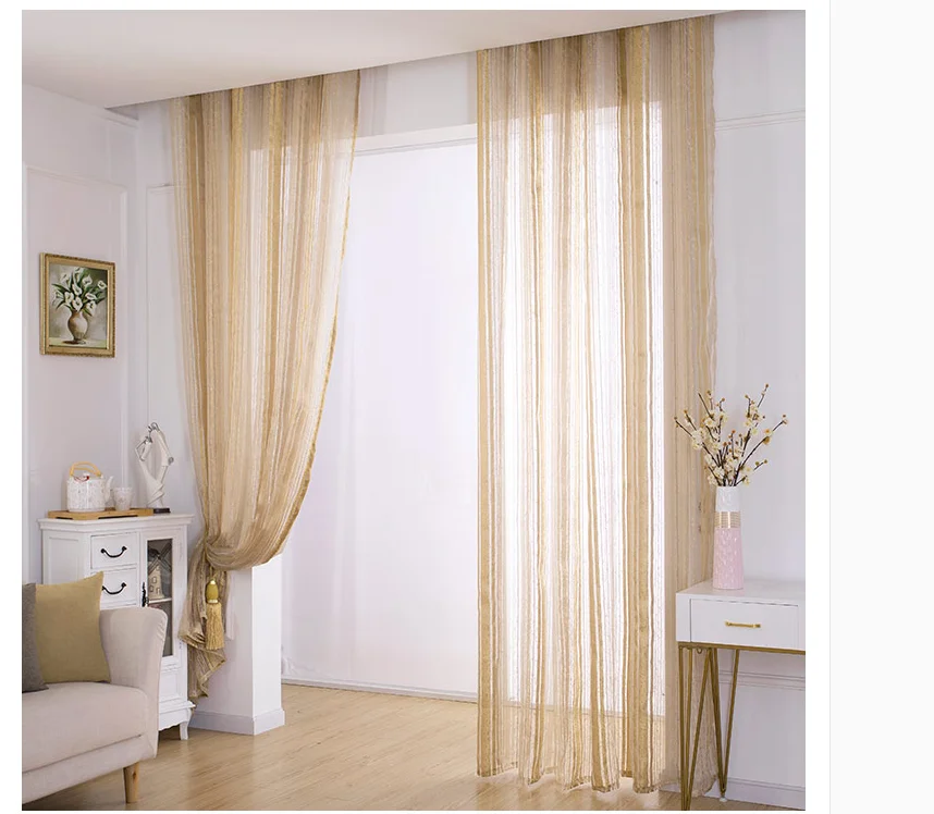 

Gold Striped Window Screening Gauze Tulle Curtains Living Room Bedroom Drap Sheer Yarn Voile Valances Home Decor