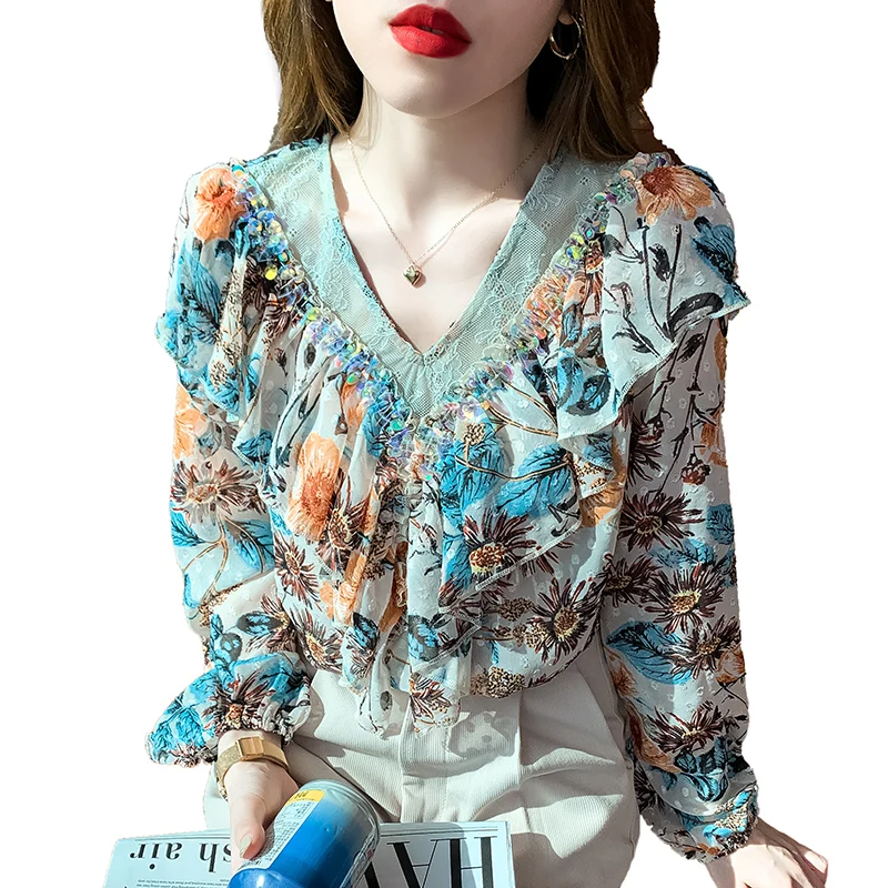 Ruffled V-neck Chiffon Blouses Women Autumn Top Long Sleeve Floral Print Shirts Ladies All-Match Blusas Femme Nancylim
Ruffled V-neck Chiffon Blouses Women Autumn Top Long Sleeve Floral Print Shirts Ladies All-Match Blusas Femme Nancylim