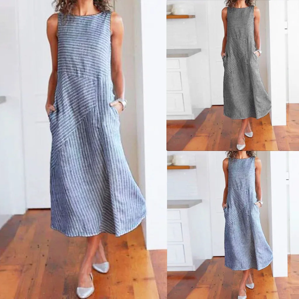 Long Linen Crew Casual Women Neck Pocket Dress Striped Dress Sleeveless Women's Dress
Long Linen Crew Casual Women Neck Pocket Dress Striped Dress Sleeveless Women's Dress