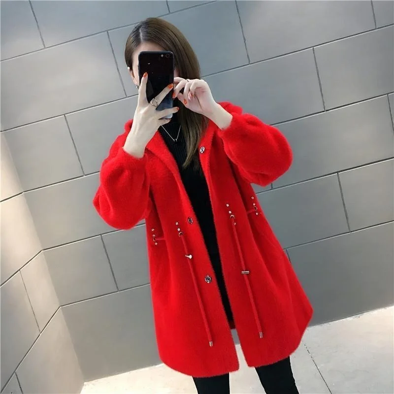 Imitation Mink Cashmere Korean Sweater Cardigan Women's Autumn Winter Hooded Knitted Jacket Solid Color Loose Outwear Tops Y230 
Imitation Mink Cashmere Korean Sweater Cardigan Women's Autumn Winter Hooded Knitted Jacket Solid Color Loose Outwear Tops Y230