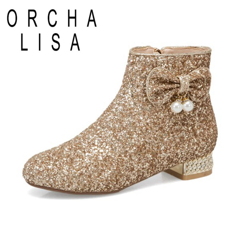 

ORCHA LISA Princess Ankle Boots Bowtie Pearl Crystal Sequined Cloth Round Toe Shiny Zip 2.5cm Short Heel US12 Gold Silver A4214
