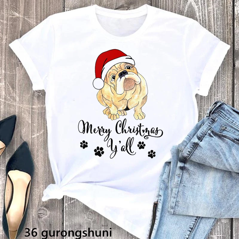

Merry Christmas Y'All Bulldog Graphic Print T-Shirt Women Funny Paw Tshirt Femme Summer Stylish T Shirt Femme Harajuku Shirt