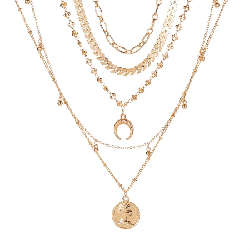 Boho style five-layer necklace women's fashion multi-layer gold-plated moon idol pendant necklace clavicle chain sweater chain
Boho style five-layer necklace women's fashion multi-layer gold-plated moon idol pendant necklace clavicle chain sweater chain