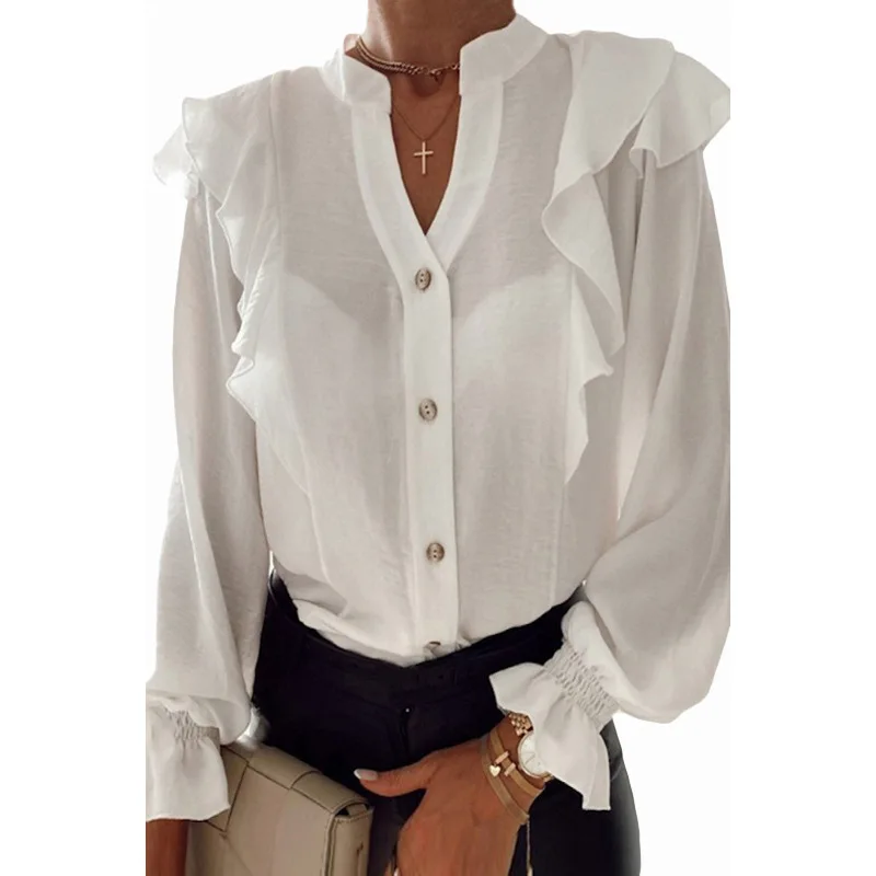 Solid Color Shirt Women 2021 Spring/Summer New Simple Ruffled Long Petal Sleeves v-Neck Fashion Single-Breasted Blouse Women
Solid Color Shirt Women 2021 Spring/Summer New Simple Ruffled Long Petal Sleeves v-Neck Fashion Single-Breasted Blouse Women