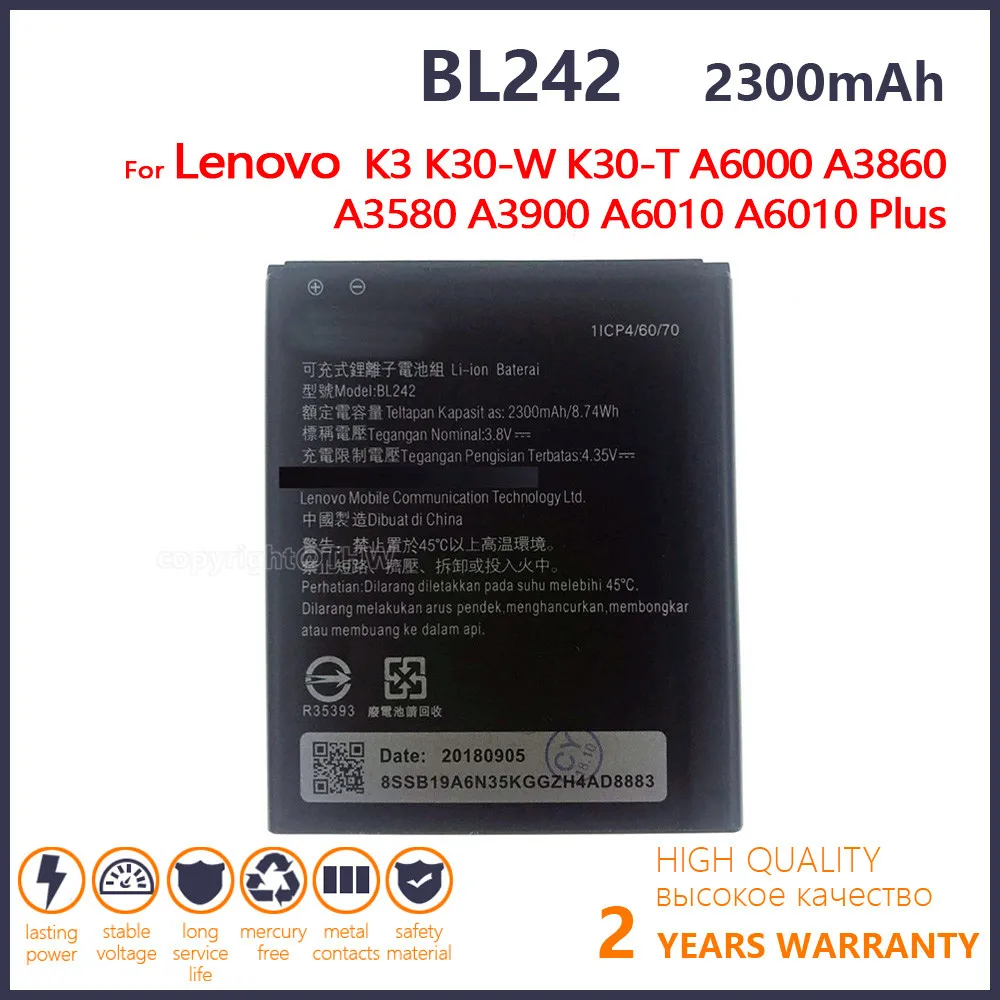 

100% Оригинальный аккумулятор BL242 2300 мАч для Lenovo K3 K30-W A6000 A3860 A3580 A3900 A6010 A6010 Plus K30-T