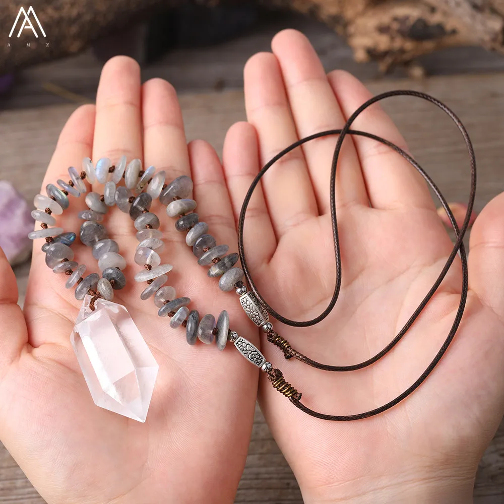 Natural White Quartz Double Point Pendant Labradorite Stone Chip Beads Leather Knotted Handmade Necklace Fashion Women Jewelry
Natural White Quartz Double Point Pendant Labradorite Stone Chip Beads Leather Knotted Handmade Necklace Fashion Women Jewelry