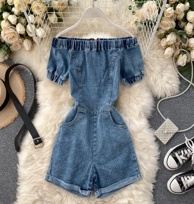 Women's spring summer sexy slash neck denim jumpsuit female elastic jean short pants overall TB137 
Women's spring summer sexy slash neck denim jumpsuit female elastic jean short pants overall TB137