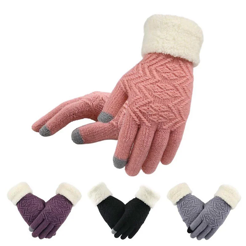 

Зимние перчатки для женщин и мужчин, теплые Стрейчевые вязаные варежки, имитация шерсти, плотные перчатки с полным пальцем